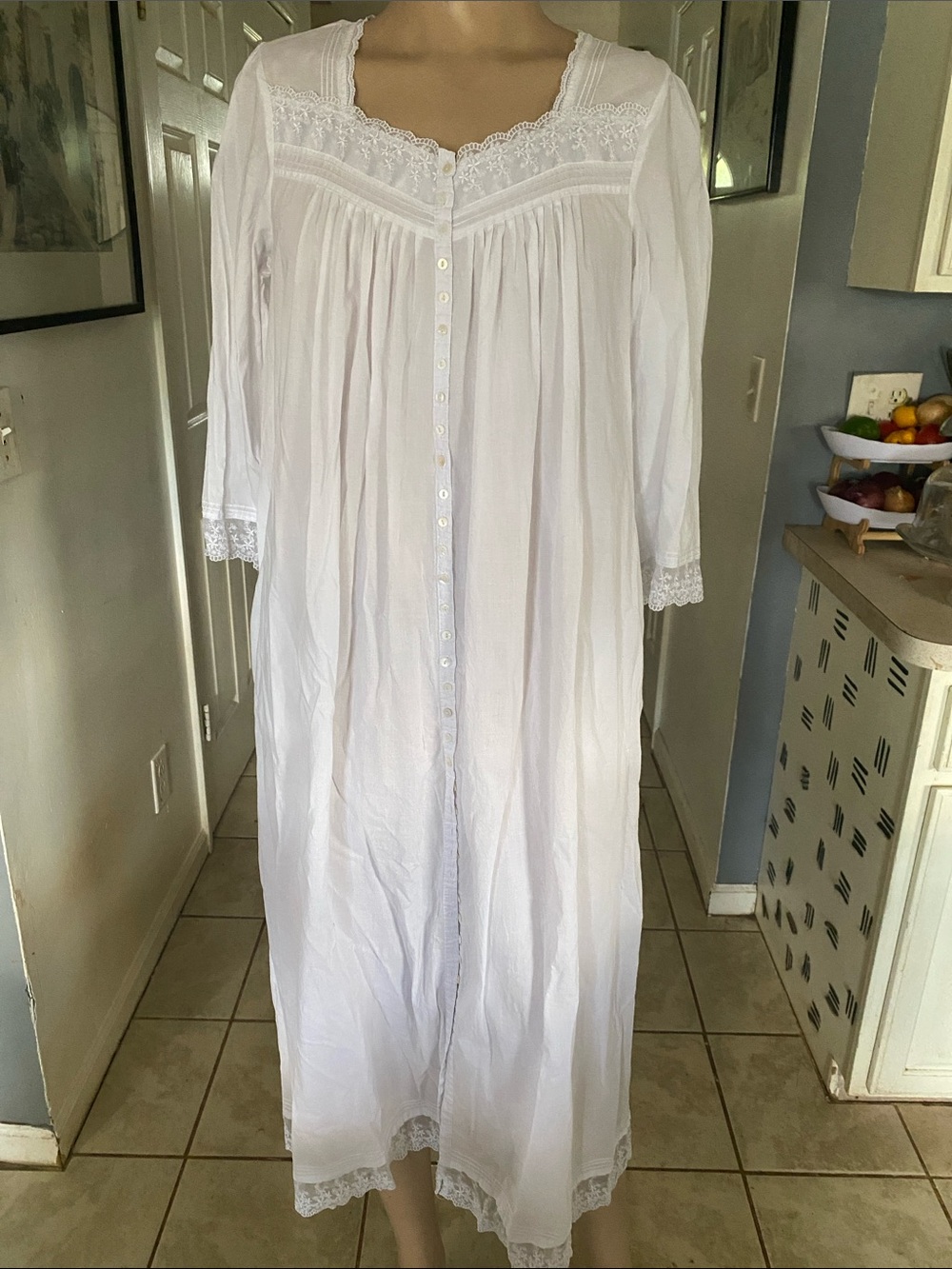 Eileen West White Cotton Lace-Trim Button Front Nightgown
